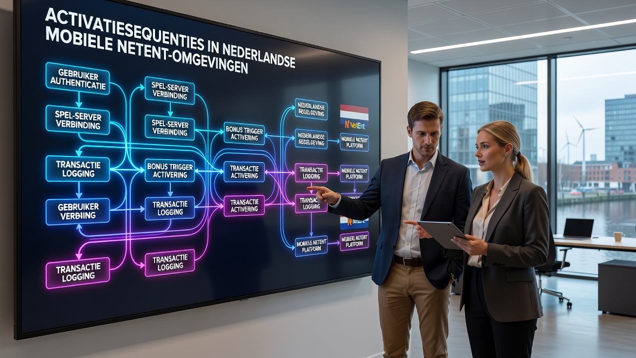 Diagram van activeringsstappen in Nederlandse mobiele NetEnt-omgevingen met focus op volgordes en compliance