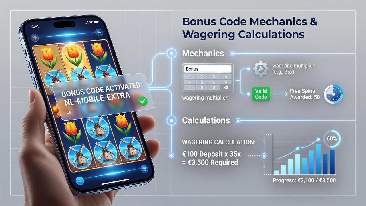 Wagering calculator scherm op mobiele slot app met bonus code details
