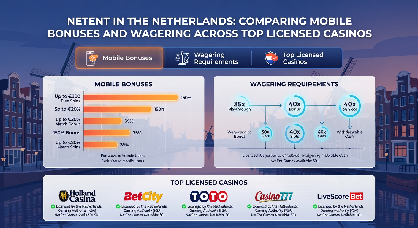 Vergelijkende grafiek van wagering requirements voor NetEnt mobiele bonussen bij Nederlandse casinos, met balken voor elk platform