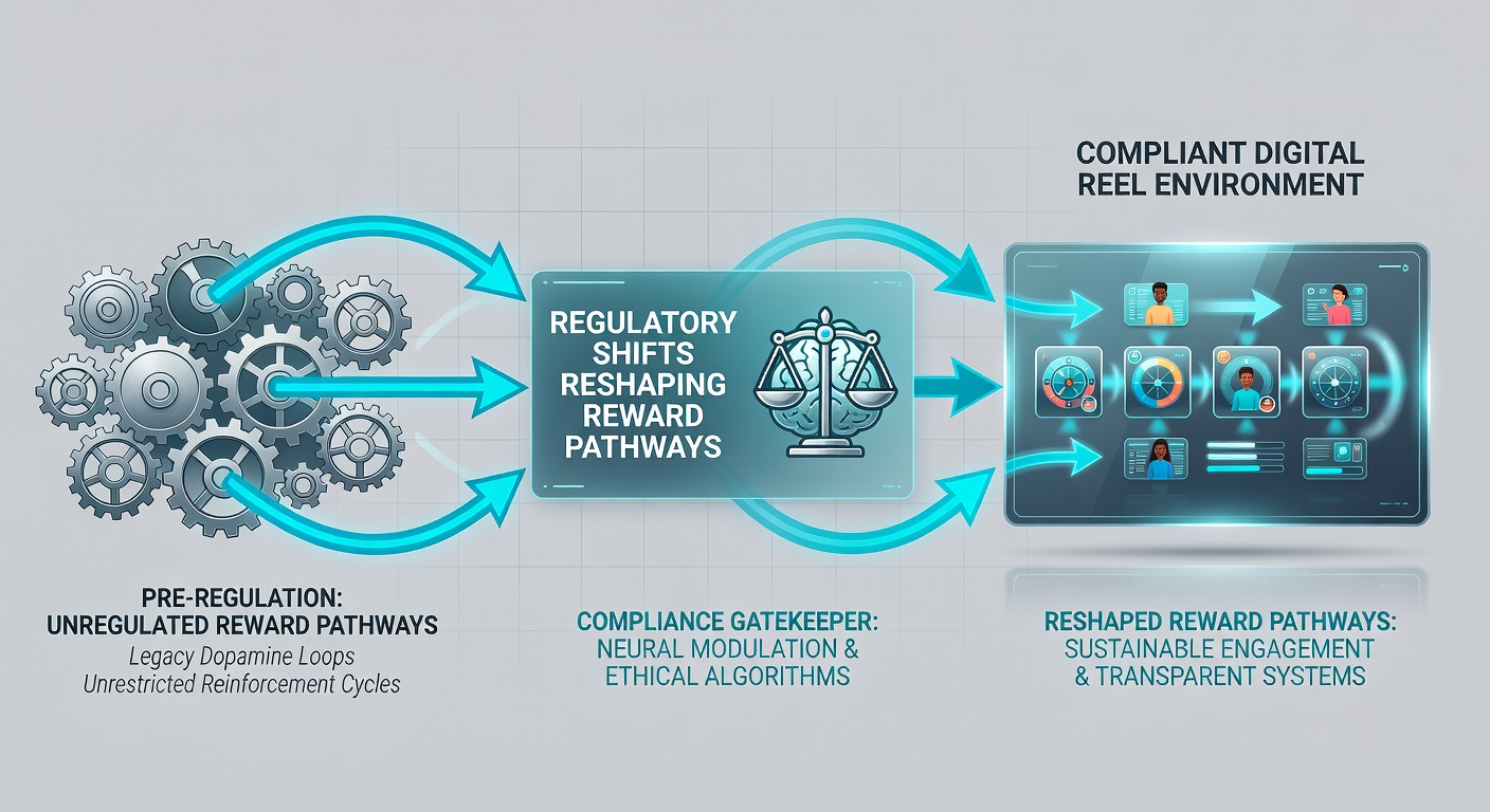 Diagram van beloningsroutes in digitale reel-omgevingen met focus op compliant paden en regelgevende checks
