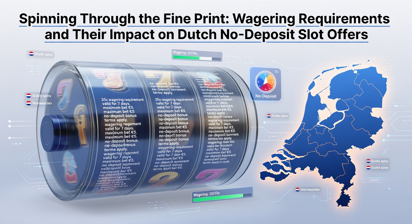 Grafische weergave van een spelslot met kleine lettertjes en een vergrootglas dat de inzetvereisten belicht, symboliserend de uitdagingen bij no-deposit bonussen in Nederland